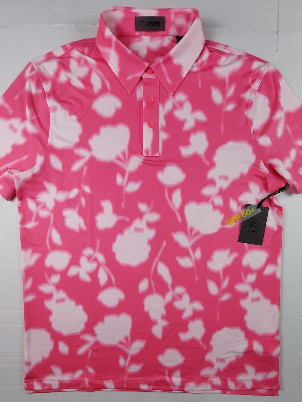 G/Fore Short Sleeve Polo Golf Shirt Mens Large Pink Blur Floral Tech NWT $110